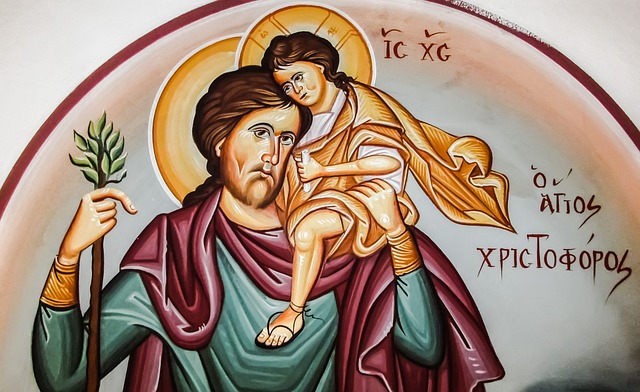 Szent Kristóf vállán a gyereknek álcázott Krisztussal