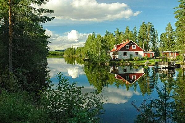 idilli természet: erdő, tó, ház