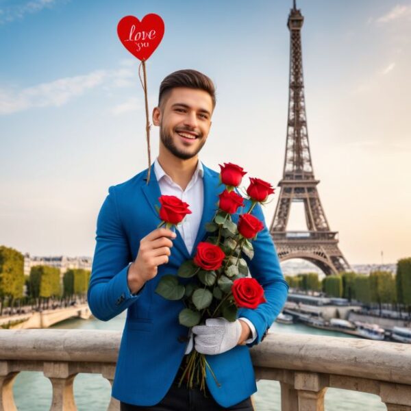 szerelmes férfi virágokkal  Párizsban