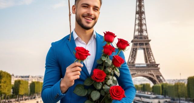 szerelmes férfi virágokkal Párizsban