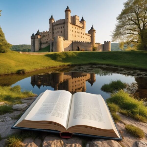 nyitott könyv egy vár előtt
